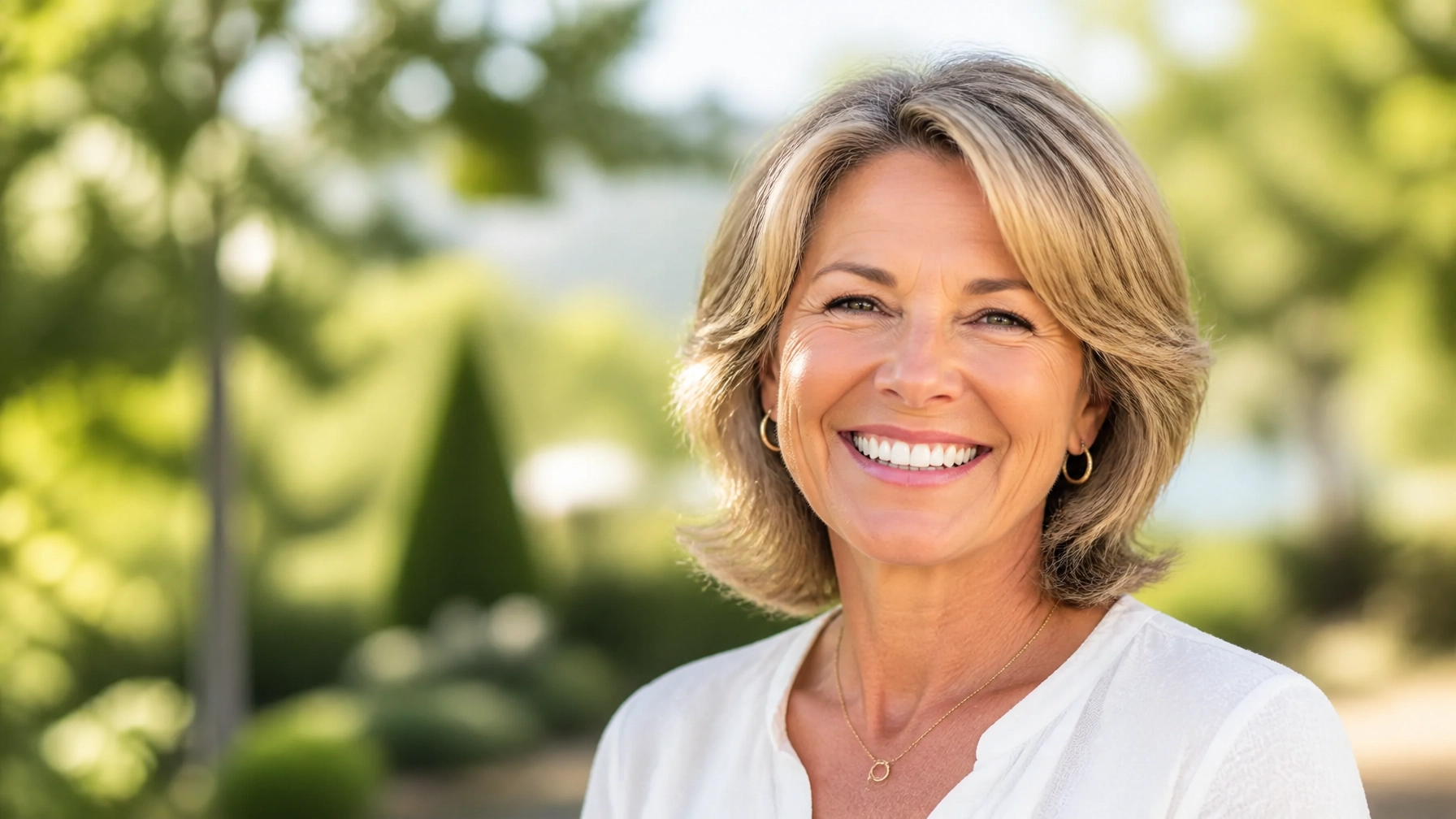 A confident person with a radiant smile in a bright, sun-drenched outdoor setting